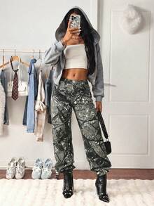 SHEIN Tall Quần jeans ống đứng cạp cao in họa tiết lá phong rằn ri, đã qua xử lý giặt, màu bạc. - Nhiều màu - Xem 6