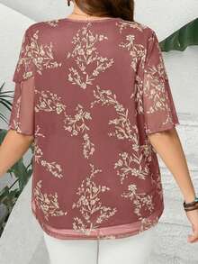 EMERY ROSE Blus Tunik Lengan Pendek Berkerut Leher V Motif Bunga Dusty Rose Ukuran Plus untuk Wanita, Atasan Kasual Elegan untuk Liburan Musim Semi Sehari-hari di Musim Panas - Merah - View 2
