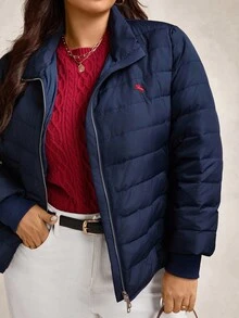 Zelara Plus Size Women's Quilted Zip-Up Down Coat,Winter Casual Hiking Navy Puffer Jacket 50% Plush Two-Way Zipper Water Repellent Printed Warm Outerwear - Navy Blue - View 9