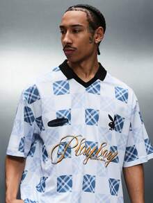PLAYBOY X SUMWON Polo à manches courtes avec motif à carreaux, jersey de football pour hommes, avec logo. Top de sport casual - Bleu azur - Voir 4
