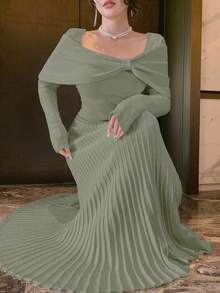 DAZY Đầm len nữ thanh lịch màu trơn cổ vuông bất đối xứng, thích hợp cho mùa thu. - xanh quân đội - Xem 4