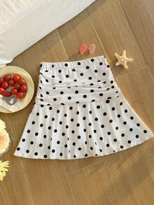 女童弹力腰波点印花针织半身裙，荷叶边裙摆，内置短裤衬里，优雅百搭，适合春夏穿着，居家、外出、派对等场合皆宜。 - 白色 - 查看 4
