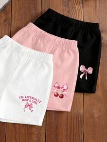 Vintaside Kids 3件套女婴6个月-3岁休闲可爱蝴蝶结字母印花短袖针织圆领上衣和松紧腰短裤套装，多色可选，适合春夏穿着 - 彩色 - 查看 6