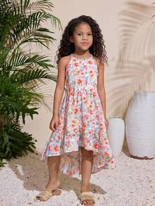 Young Girl Elegant Minimalist Halter Floral Print Sleeveless Dress - Baby Pink - View 2