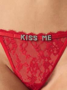 MISSGUIDED Lace Thong With Text And Rhinestone Details Intimate Lingerie