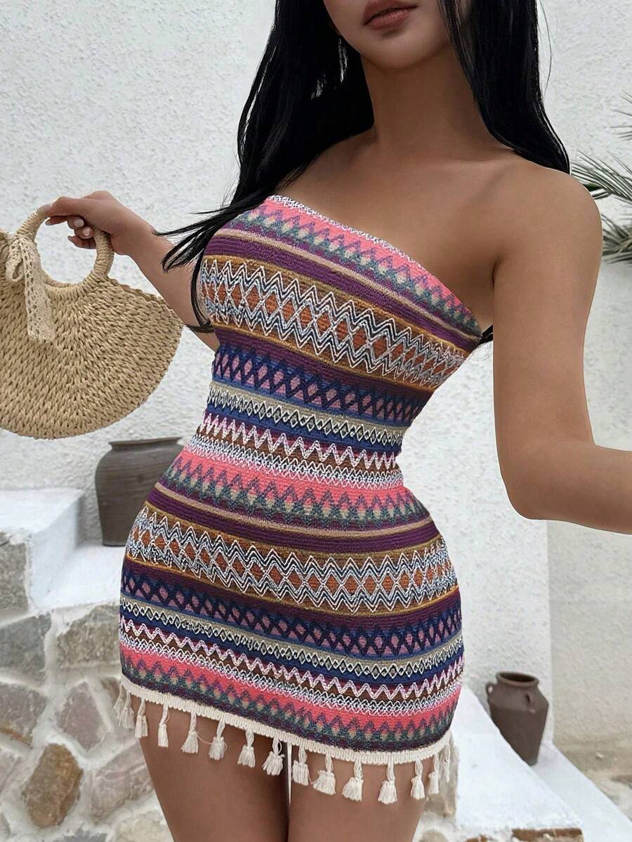 Sunnyshic Multicolor European & American Sexy Lady Vacation Strapless Fitted Waist Tassel Patchwork Dress