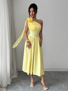 Rafferiza Mẫu đầm midi dáng suông, thanh lịch kiểu Pháp đơn giản, vai lệch, họa tiết hoa, eo thắt, chất liệu trang trí, dành cho nữ, thích hợp cho mùa xuân/hè. - Màu vàng - Xem 8