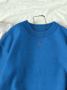 Elamini 女士纯色简约休闲圆领长袖套头毛衣 - 寶藍色 - 查看 6