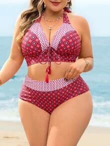 Swim Lushoire 大码女士性感比基尼套装，高腰蝴蝶结挂脖拼接数码印花泳衣，适合海滩派对和度假 - 彩色 - 查看 3