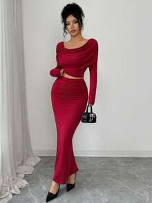 Elenzga Damen elegantes gestricktes Set mit Rüschenkragen Langarm Top + Rüschensaum Rock, geeignet für Bankette und Partys, Herbst/Winter - Bordeaux - Übersicht 4