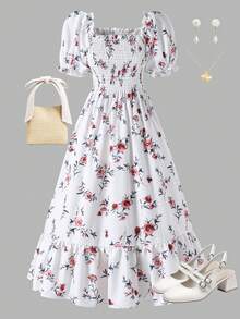 少女纯色泡泡袖蝴蝶结休闲夏日连衣裙 - 彩色 - 查看 8