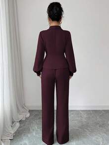 SHEIN Elenzya Bộ quần ống loe dáng chữ A, dáng suông, màu trơn, cổ bẻ không đều, thanh lịch, thoải mái khi đi làm, đi nghỉ, tiệc trà chiều dành cho nữ, phù hợp cho mùa xuân, thu, đông - Màu Tím - Xem 2