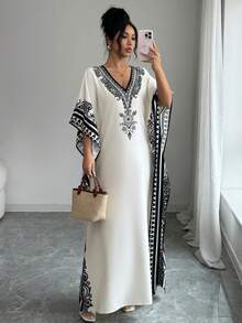 Rafferiza 女士优雅几何印花宽松圆领连衣裙，适合通勤、春夏穿着 - 彩色 - 查看 6