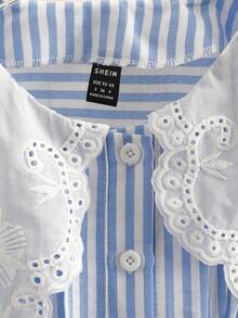 Franclia 条纹法式复古衬衫 - 大蕾丝刺绣镂空领+泡泡袖，门襟荷叶边青春设计，舒适梭织面料 - 藍色 - 查看 4