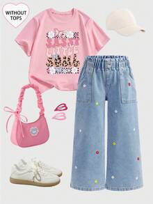 SHEIN Young Girls New Vacation Sunflower Ruffle Elastic Waist Soft Washed Relaxed Casual Fashion Jeans,Spring Outfits, Summer Outfits,Casual And Fashionable Vacation Outfits,Street Wear,2000s Style  ,Comfortable And Soft Denim Pants - Blue - View 1