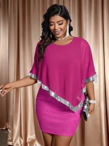 Cravure 大码圆领亮片雪纺拼接串珠缎带披肩罩衫，柔软提花纹理面料，二合一优雅时尚派对礼服 - 玫紅色 - 查看 8