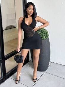 Alexandranx 假日露背無袖針織裙，緊身剪裁，領帶設計 - 黑色 - 查看 1