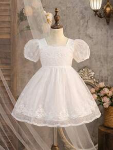 少女优雅可爱夏季网纱刺绣图案短袖连衣裙 - 白色 - 查看 2