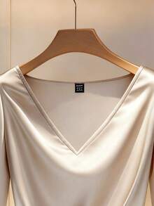 Franclia Women's Casual Champagne Knitted Fabric Ruched Notched V Neck Regular Long Sleeve T-Shirt - Champagne - View 5