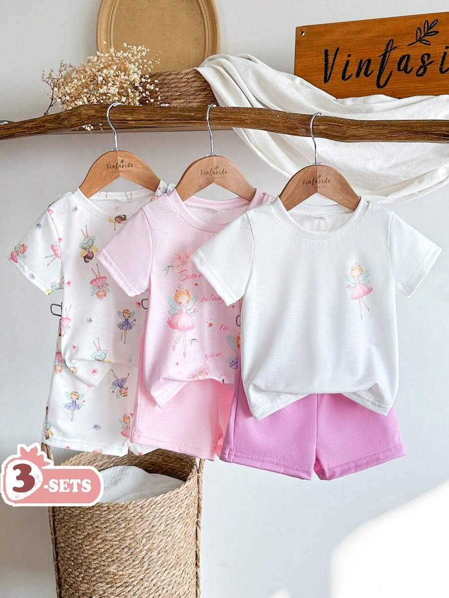 SHEIN Vintaside Kids 6件套女婴新生儿幼儿0-3岁春夏新款可爱兔子纯色条纹T恤短裤套装 - 彩色 - 查看 1