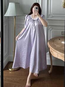 Dazy Plus Fashionable & Elegant Chiffon Contrast Lace V-Neck Loose Plus Size Women Long Nightgown - Mauve Purple - View 5