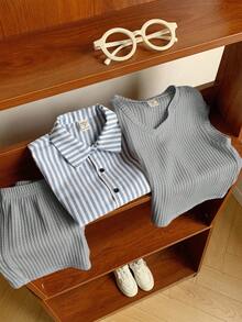 SHEIN Conjunto de 3 piezas para niños pequeños: chaleco casual, camisa a rayas y pantalones cortos, adecuado para fiesta de cumpleaños, fiesta de noche, actuación, boda, escuela, bautizo, baby shower, primavera/verano/otoño - Gris - Ver 5