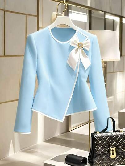 Franclia Plus Size Women's Elegant Bow Cuff Long Sleeve Shirt, Asymmetric Hem Design, Versatile Layering Piece, Suitable For Office And Casual Wear