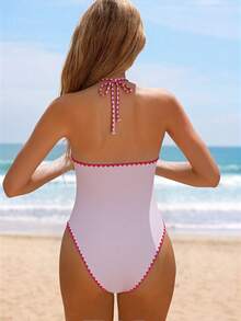 Swim Vcay Summer Beach Vacation Women's Spaghetti Strap Ruffle Trim Printed Ribbed One Piece Swimsuit - Multicolor - View 2