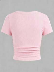 SHEIN Girlism 少女修身休闲圆领短袖T恤，侧边荷叶边设计，附赠发圈，舒适弹力罗纹针织面料，粉色情人节T恤 - 粉色 - 查看 2