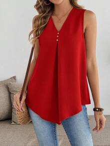 EMERY ROSE Camiseta sin mangas casual con cuello en V y pliegues de unicolor para mujer - Rojo - Ver 5