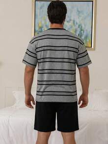 DAZY 男士条纹上衣和黑色短裤睡衣套装，夏季 - 灰色 - 查看 2