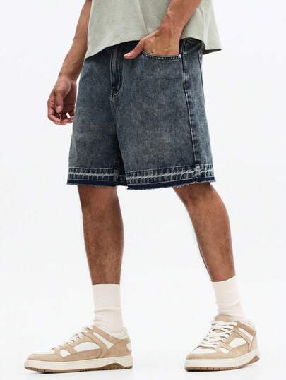 SUMWON Distressed Medium Wash Denim Shorts With Raw Hem Detail And Five Pocket Design For Casual Summer Style