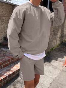 DAZY Men's Solid Gray Woven Long Sleeve Pullover Sweatshirt And Shorts Set, Spring/Summer - Grey - View 4