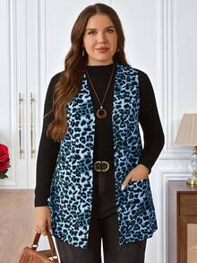 EMERY ROSE 大码女式夏季休闲度假豹纹开襟无袖外套，春假、度假、外出，2026新款，简约时尚，日常穿着，动物纹印花，印花开衫 - 藍色 - 查看 6