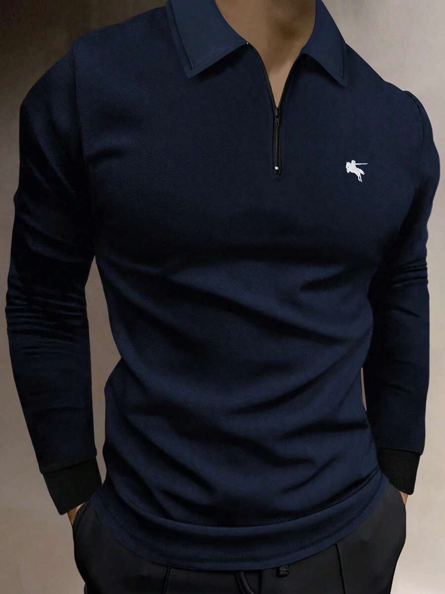Manfinity Homme 男士长袖拉链刺绣领 Polo 衫，适合居家、外出和聚会穿着 - 寶藍色 - 查看 1