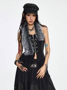 ROMWE Grunge Punk 朋克航海风网眼拼接可拆卸高低毛领露背女式上衣 - 黑色 - 查看 6
