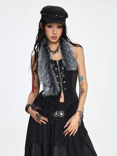 Grunge Punk Top femme à design dos nu, col en fourrure amovible, patchwork de mailles et style nautique punk