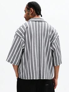 SUMWON Oversized Button Down Shirt With Vertical Stripes Short Sleeve Casual Collared Top Summer Relaxed Fit Woven Fabric Vacation - Black and White - View 2