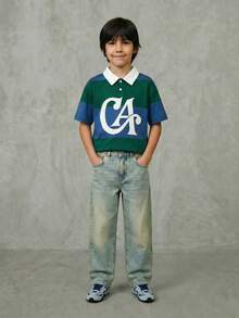 Casuvi Kids Casual & Fashionable, Retro American College Style Striped Tween Boys Polo Shirt, Large M Letter Print Design On Chest, Contrast White Collar, Blue & Green Striped Body, Suitable For School, Commute, Casual, Party Occasions Pullover Shirt Boy Boy Clothes Casual Boy Clothes - Green - View 3