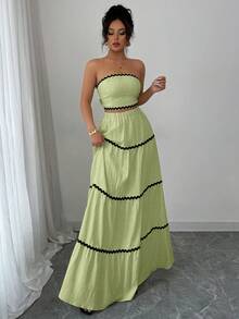 Rafferiza 女士优雅露脐抹胸上衣和半裙套装（2件套），度假装 - 綠色 - 查看 8