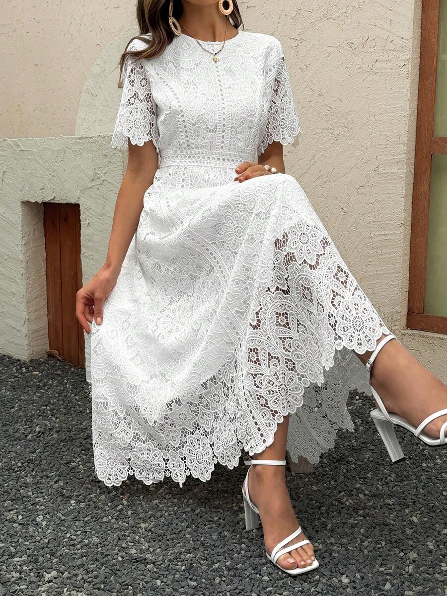 Vivie Lora Đầm midi ngắn tay cổ tròn ôm sát dành cho nữ, chất liệu ren, thích hợp cho mùa hè. - trắng - Xem 1