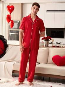 CoupledUp Contrast Trim Lapel Short Sleeve Pajama Set For Men - Red - View 4