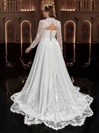 Glamrae 大码优雅奢华刺绣亮片蕾丝拼接雪纺腰部网纱透视超大喇叭裙侧高开衩性感露肩浪漫蕾丝不规则拼接超长拖尾婚纱