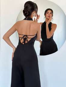 Firerie 女士新款优雅通勤阔腿连体裤，深V领露背设计，适合春夏各种场合，如办公室、通勤、约会、派对、婚礼、毕业典礼、演出、工作、返校、晚宴、生日、假日、波西米亚风、度假等。 - 黑色 - 查看 9