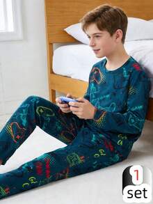 2pcs Tween Boy Video Game Print Pajama Set - Long Pants & Long Sleeve Top - Dark Green - View 4