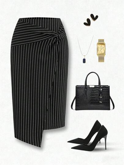 Ellevyn 女士黑色PU打结及膝铅笔裙，百搭