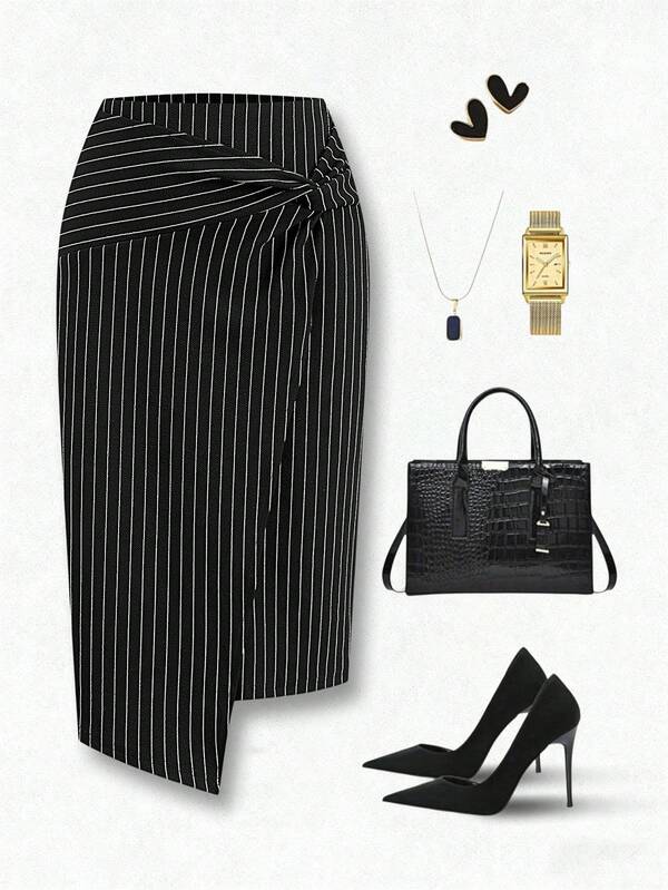 Ellevyn Women's Black PU Knotted Knee-Length Pencil Skirt, Versatile  Summer Outfits For Women   Women's Casual Elegant Midi Skirt, Slim Fit, Stretch, Versatile, Classic, Suitable For Office Wear, Teacher Wear, Knitted Pencil Skirt Women's Casual And Elegant Outfits