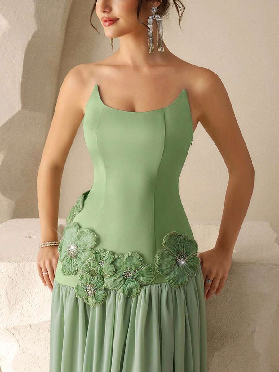 Coutiva Women's Elegant Embellished Mesh Overlay Formal Evening Gown (Heavily Embellished) - Green - View 1