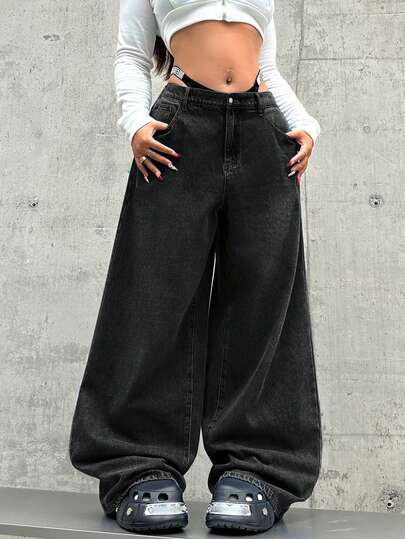 SHEIN ICON Quần jeans nữ cỡ lớn, kiểu dáng rộng rãi, ống rộng, màu xanh dương, quần jeans nữ xếp ly, quần jeans cạp thấp, dáng rộng.