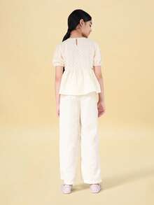 SUMWON Tween Puff Sleeve Blouse And Straight Leg Pants Co-Ord Set With Bow Ties And Polka Dot Pattern For Spring Summer Festive Occasionwear